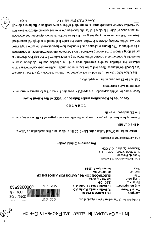 Canadian Patent Document 2901064. Amendment 20181102. Image 1 of 10