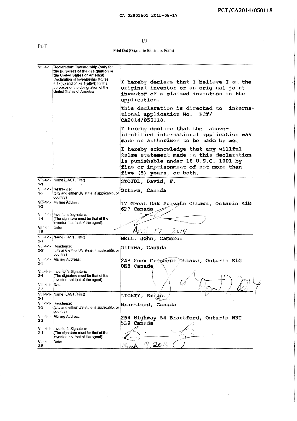 Document de brevet canadien 2901501. Déclaration 20150817. Image 1 de 1