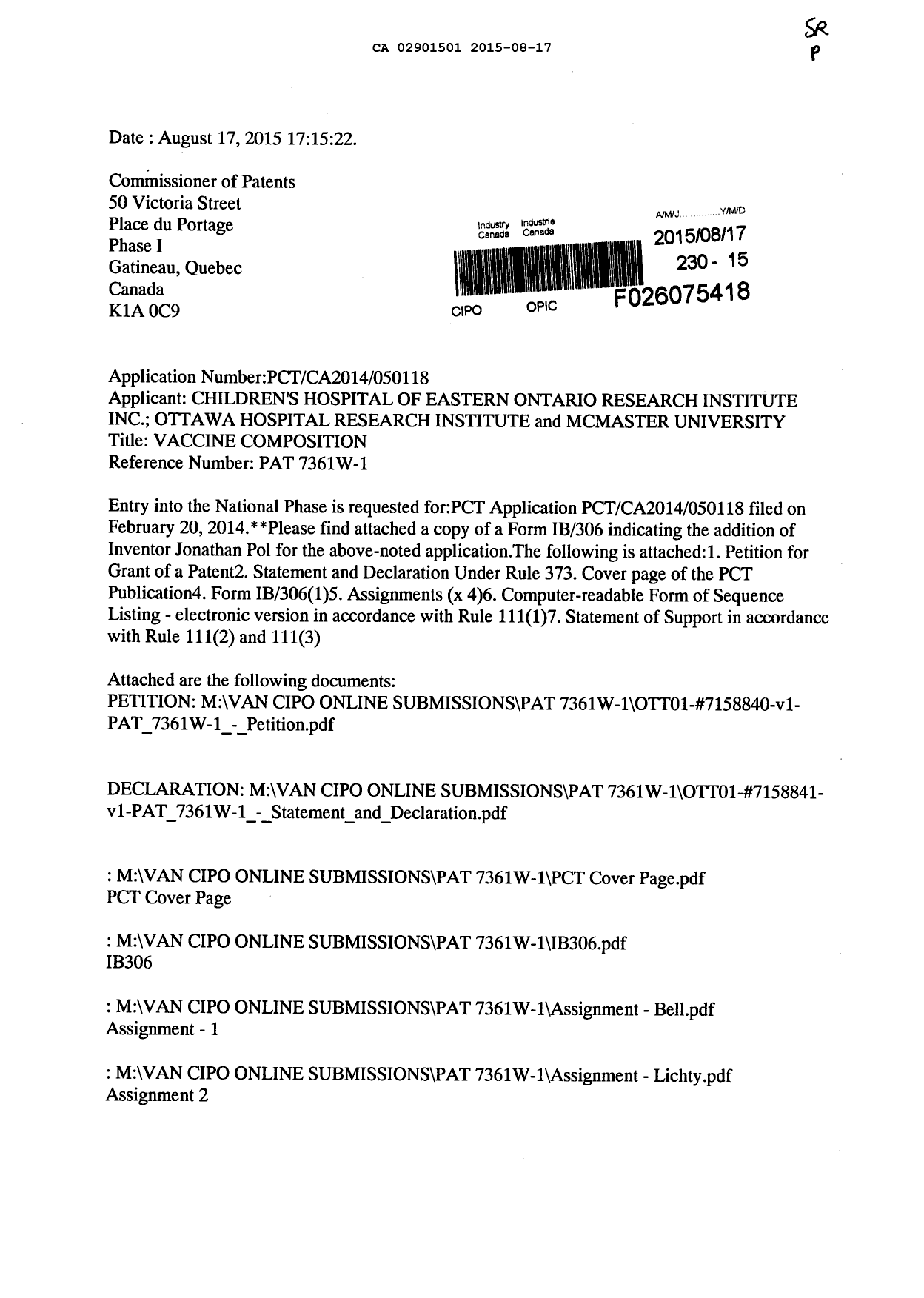 Document de brevet canadien 2901501. Demande d'entrée en phase nationale 20150817. Image 1 de 13