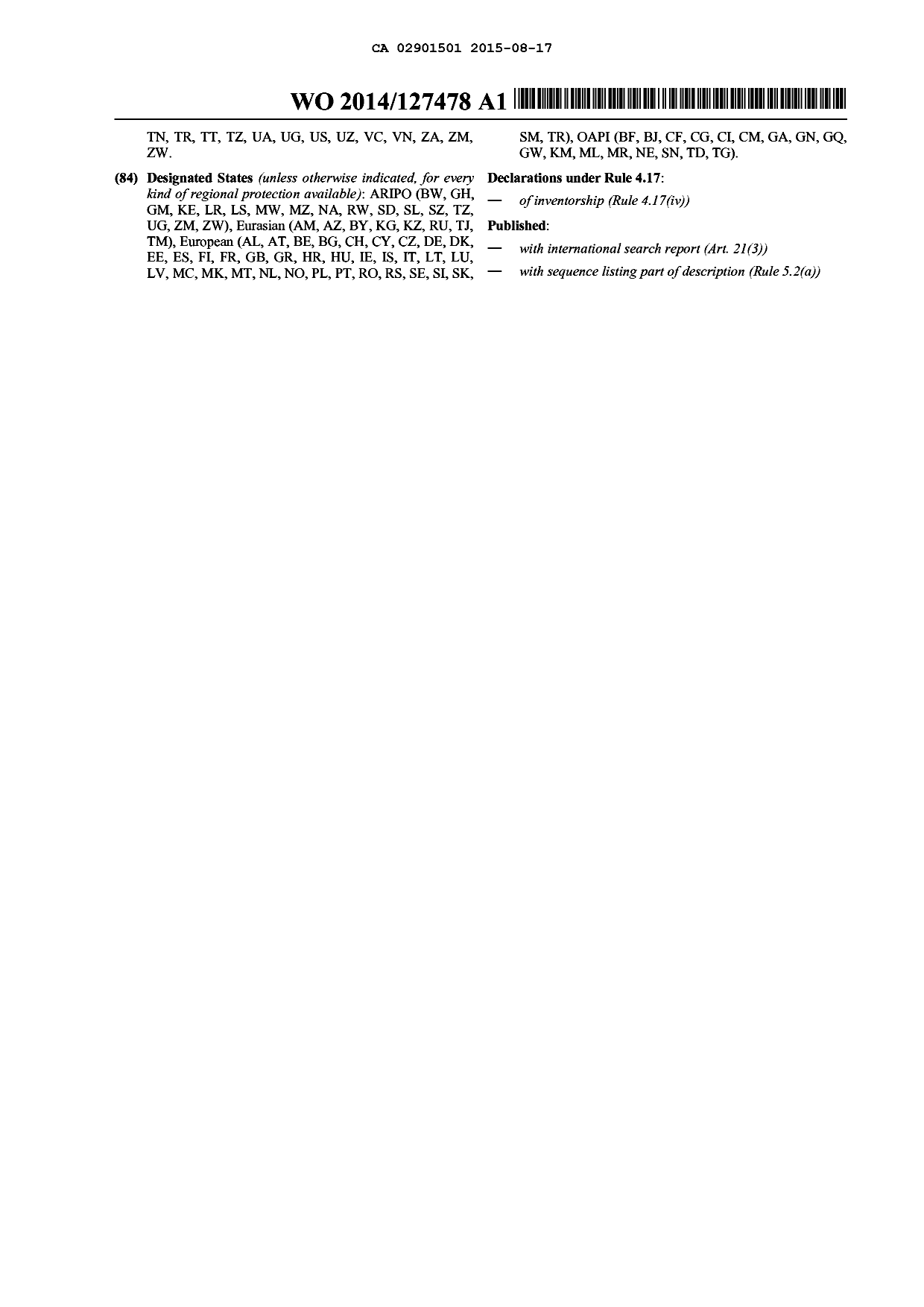 Canadian Patent Document 2901501. Abstract 20150817. Image 2 of 2