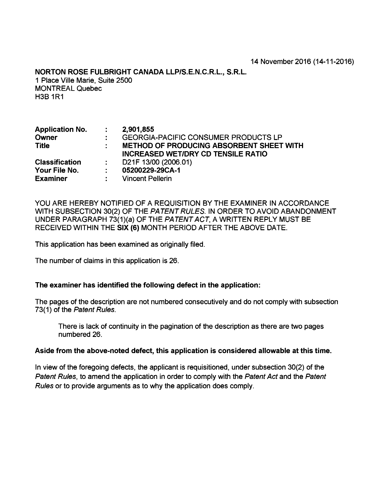 Document de brevet canadien 2901855. Demande d'examen 20161114. Image 1 de 3