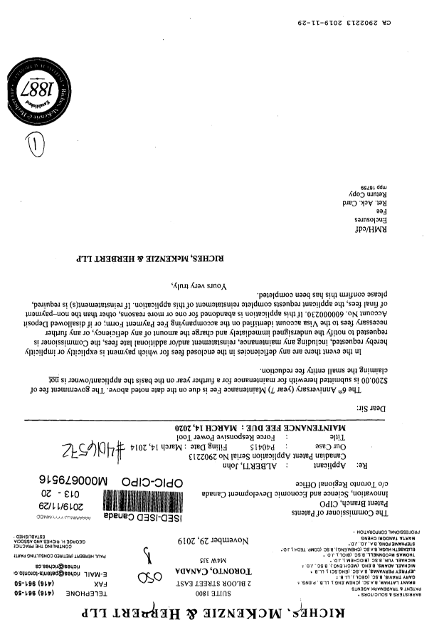 Canadian Patent Document 2902213. Maintenance Fee Payment 20191129. Image 1 of 1