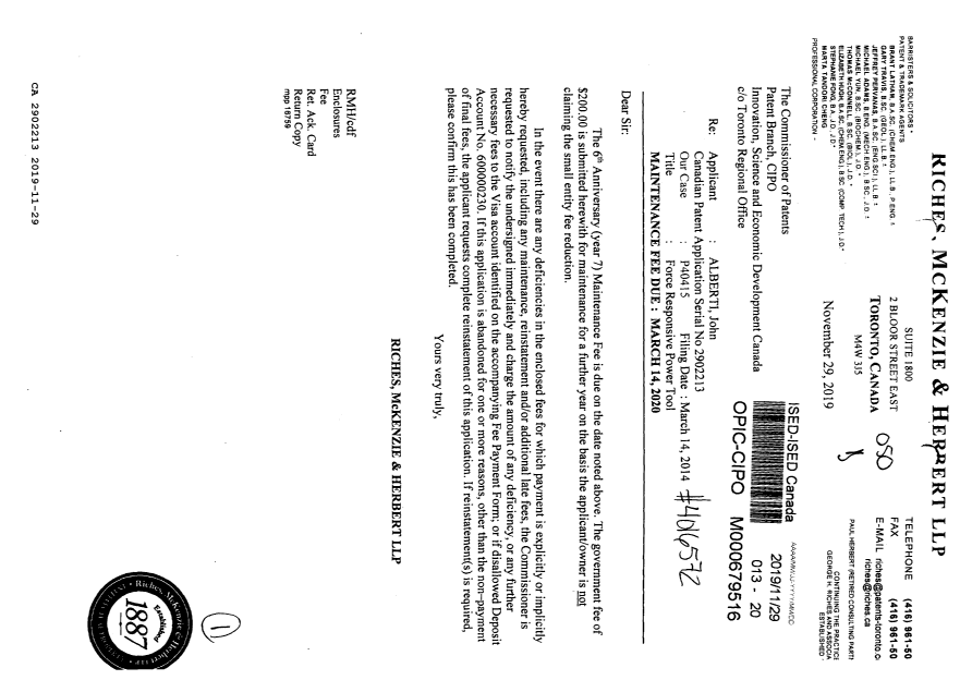 Document de brevet canadien 2902213. Paiement de taxe périodique 20191129. Image 1 de 1