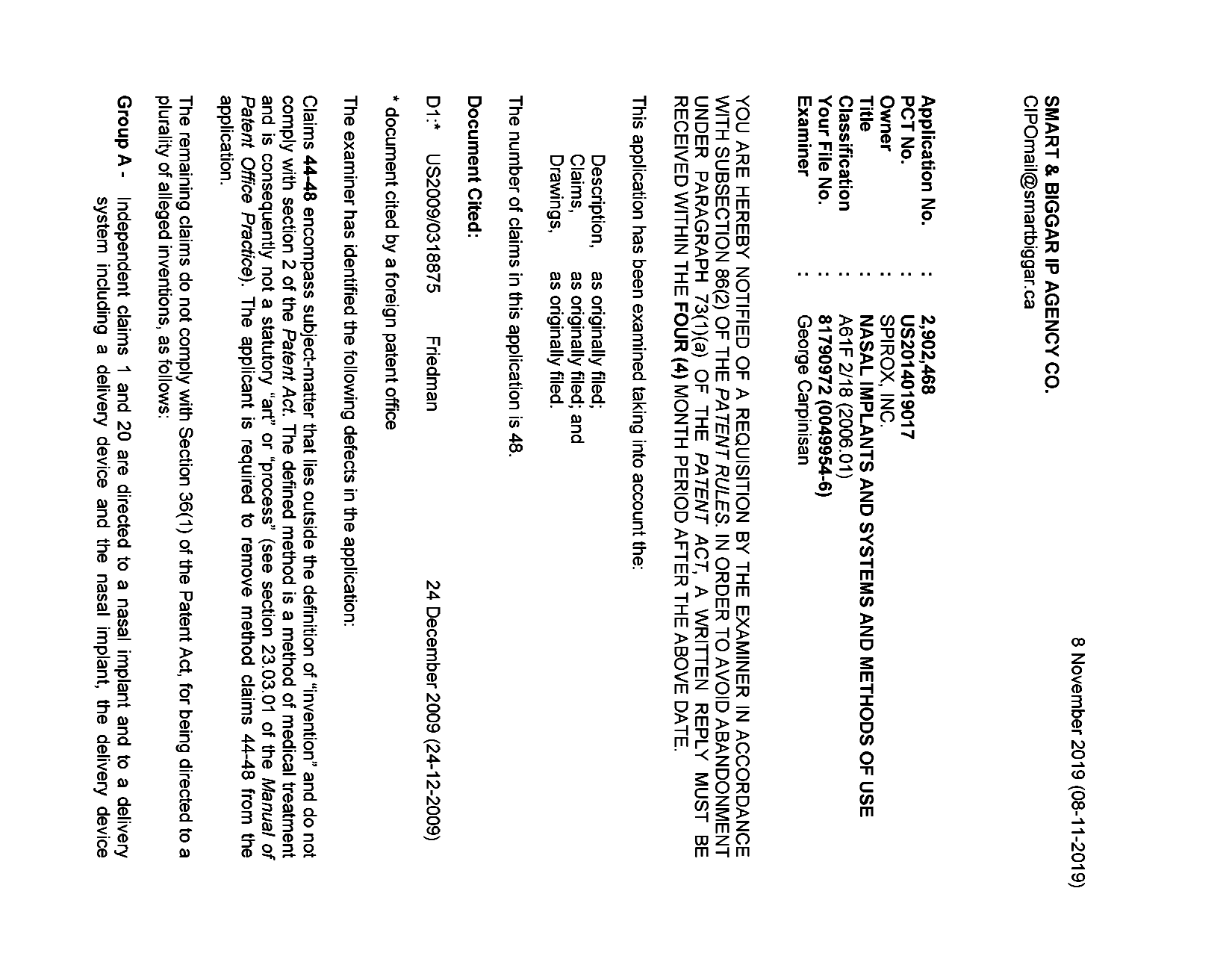 Document de brevet canadien 2902468. Demande d'examen 20191108. Image 1 de 4