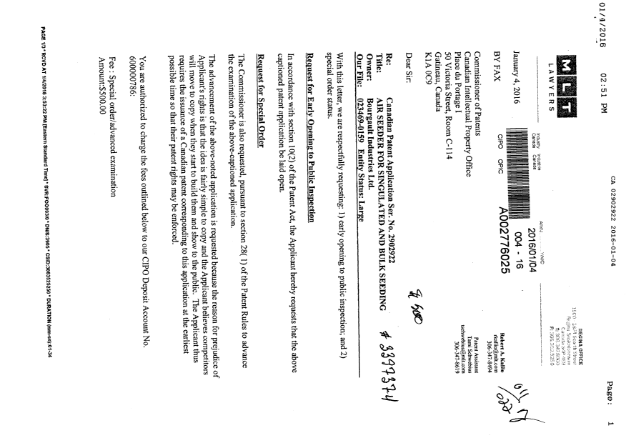 Document de brevet canadien 2902922. Poursuite-Amendment 20160104. Image 1 de 2