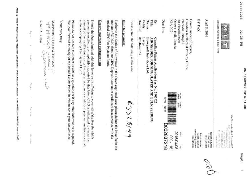 Document de brevet canadien 2902922. Taxe finale 20160408. Image 1 de 1