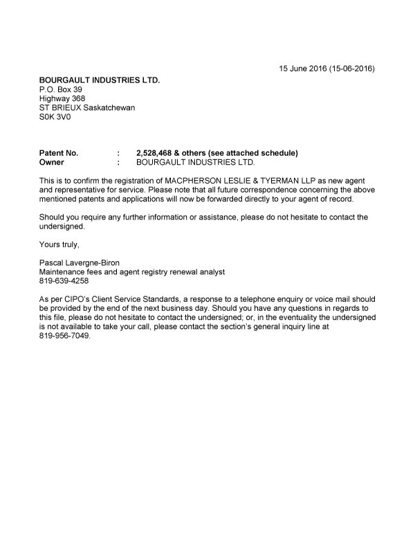 Canadian Patent Document 2902922. Office Letter 20160615. Image 1 of 2