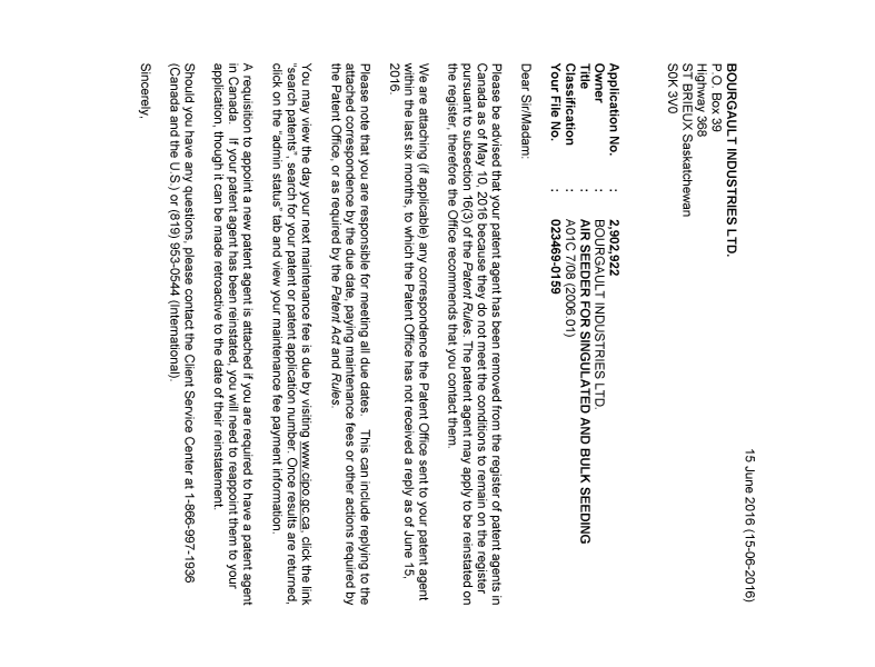 Document de brevet canadien 2902922. Lettre du bureau 20160615. Image 1 de 2