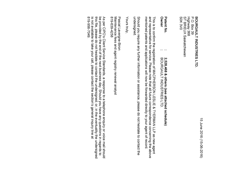 Document de brevet canadien 2902922. Lettre du bureau 20160615. Image 1 de 2