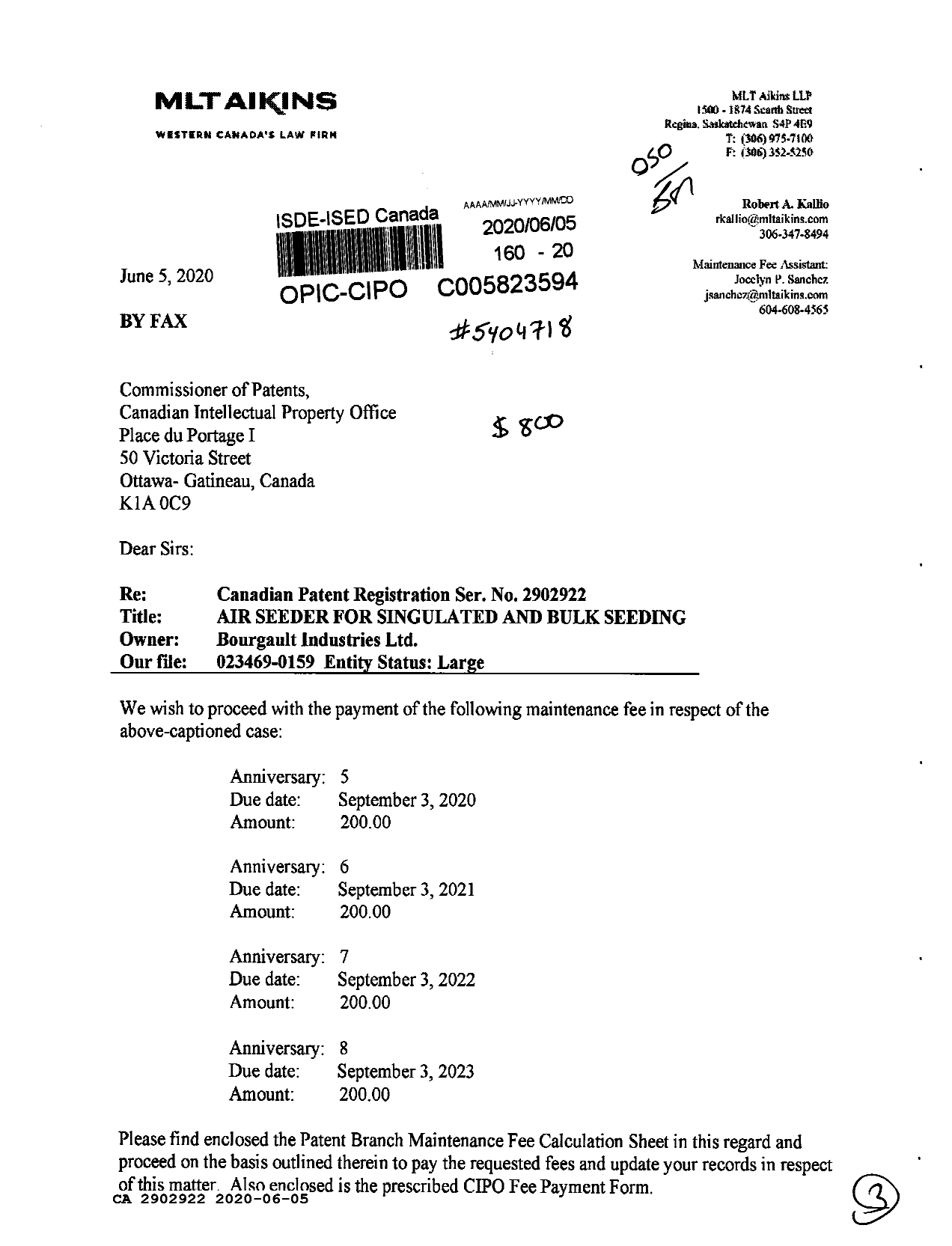 Canadian Patent Document 2902922. Maintenance Fee Payment 20200605. Image 1 of 3