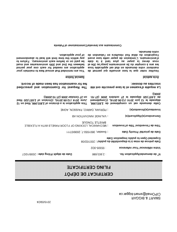 Canadian Patent Document 2903686. Divisional - Filing Certificate 20150924. Image 1 of 1