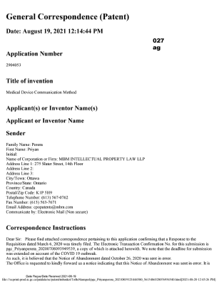 Document de brevet canadien 2904053. Correspondance de la poursuite 20210819. Image 1 de 6