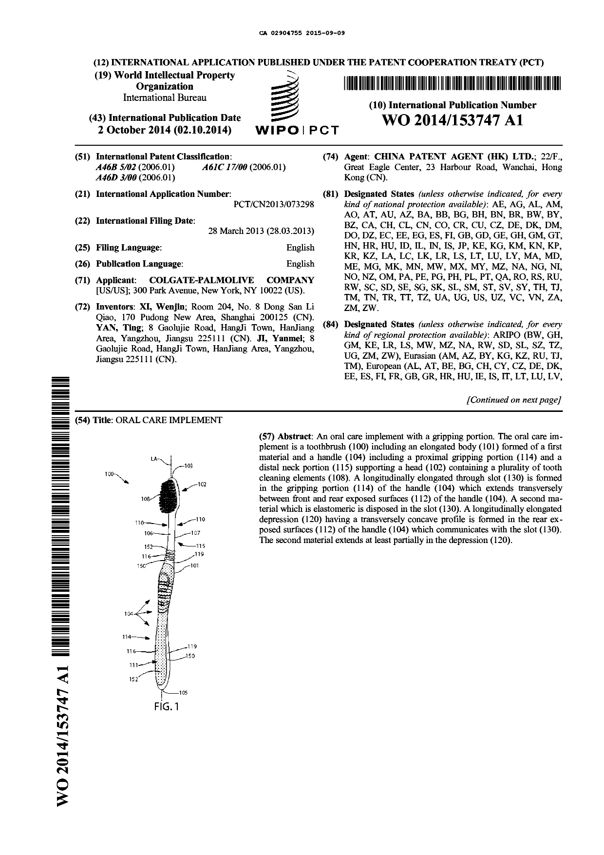 Canadian Patent Document 2904755. Abstract 20150909. Image 1 of 2