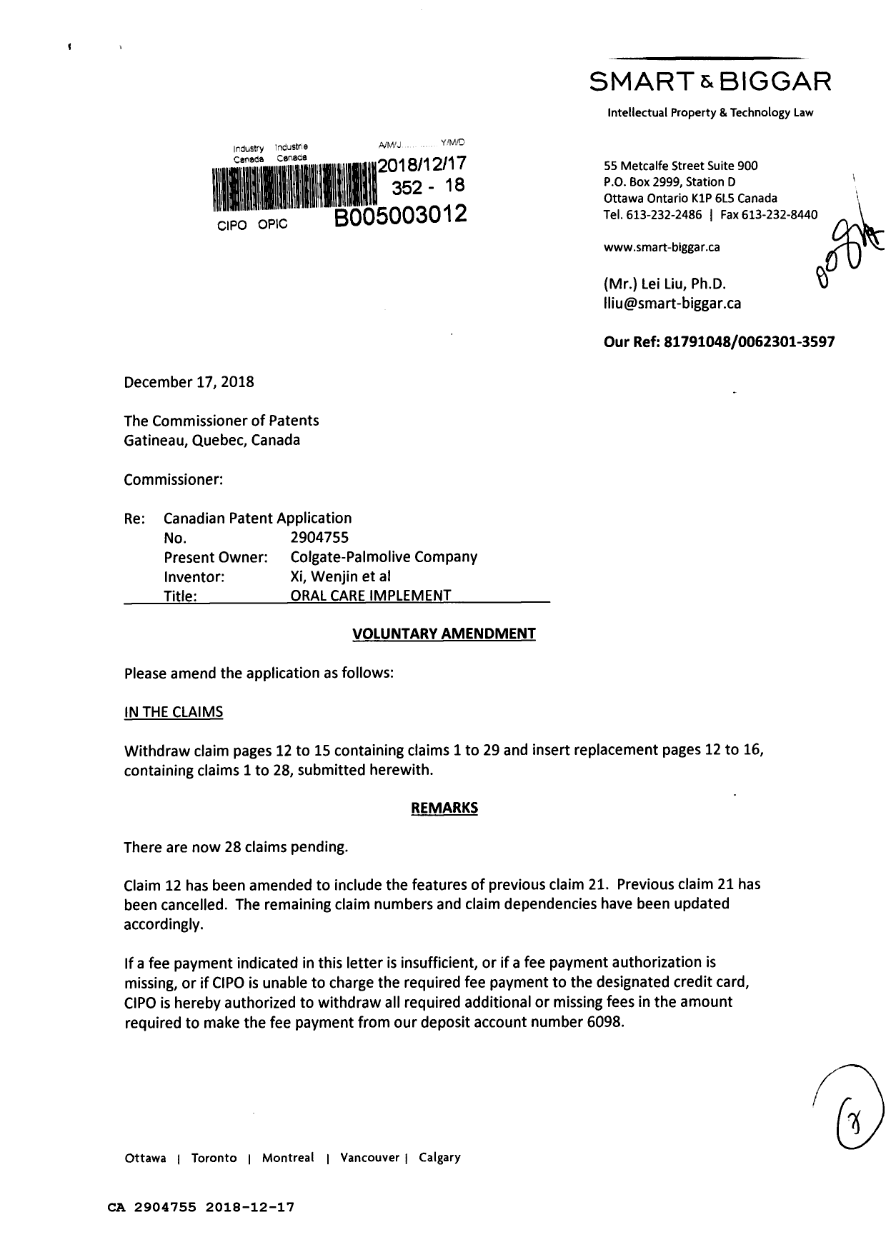 Canadian Patent Document 2904755. Amendment 20181217. Image 1 of 7