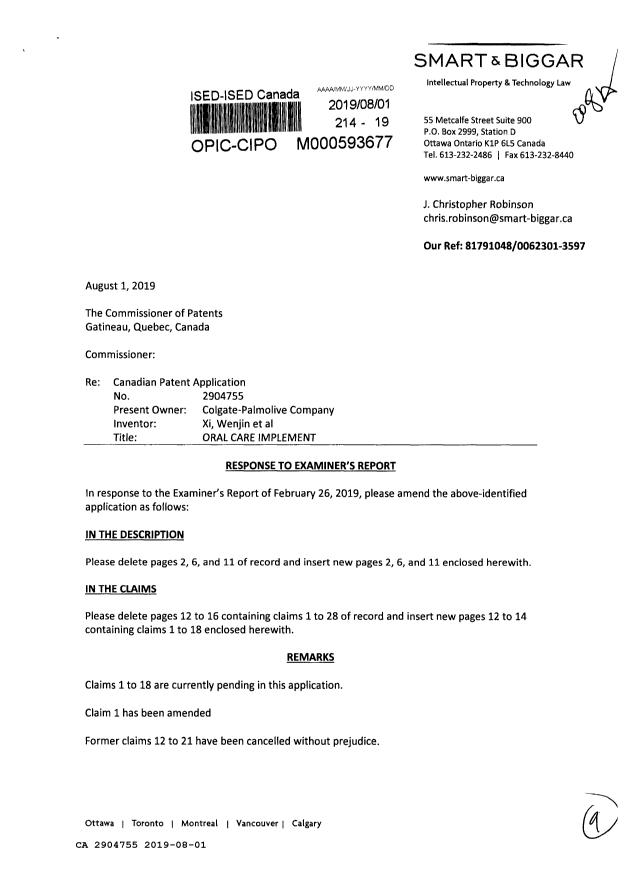 Document de brevet canadien 2904755. Modification 20190801. Image 1 de 9