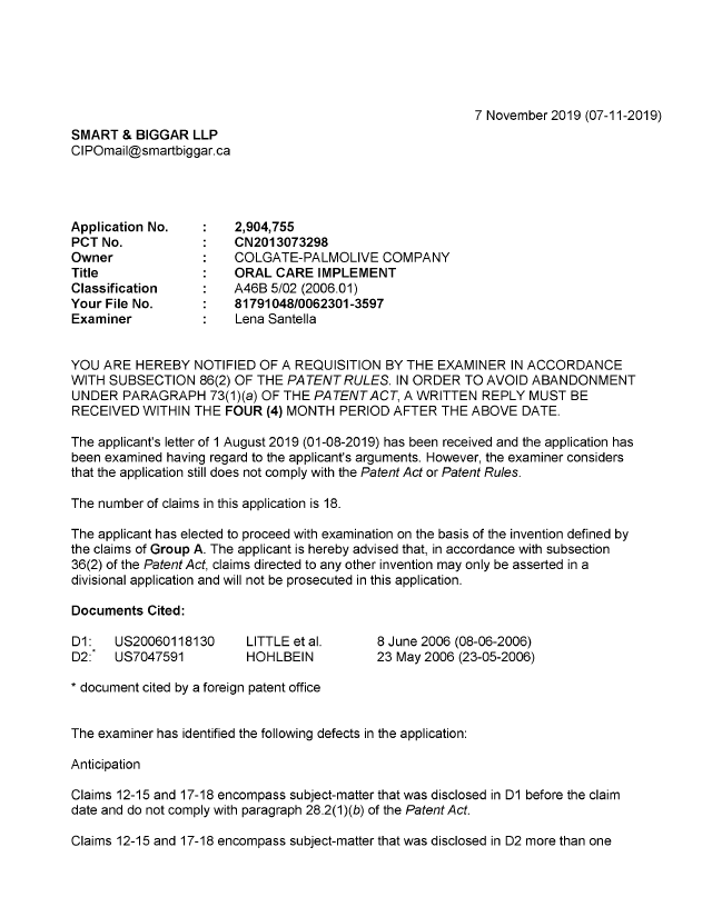 Document de brevet canadien 2904755. Demande d'examen 20191107. Image 1 de 4