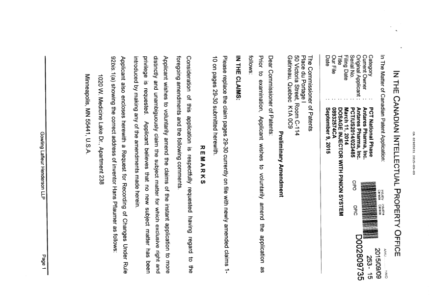 Document de brevet canadien 2905031. Modification volontaire 20150909. Image 1 de 4