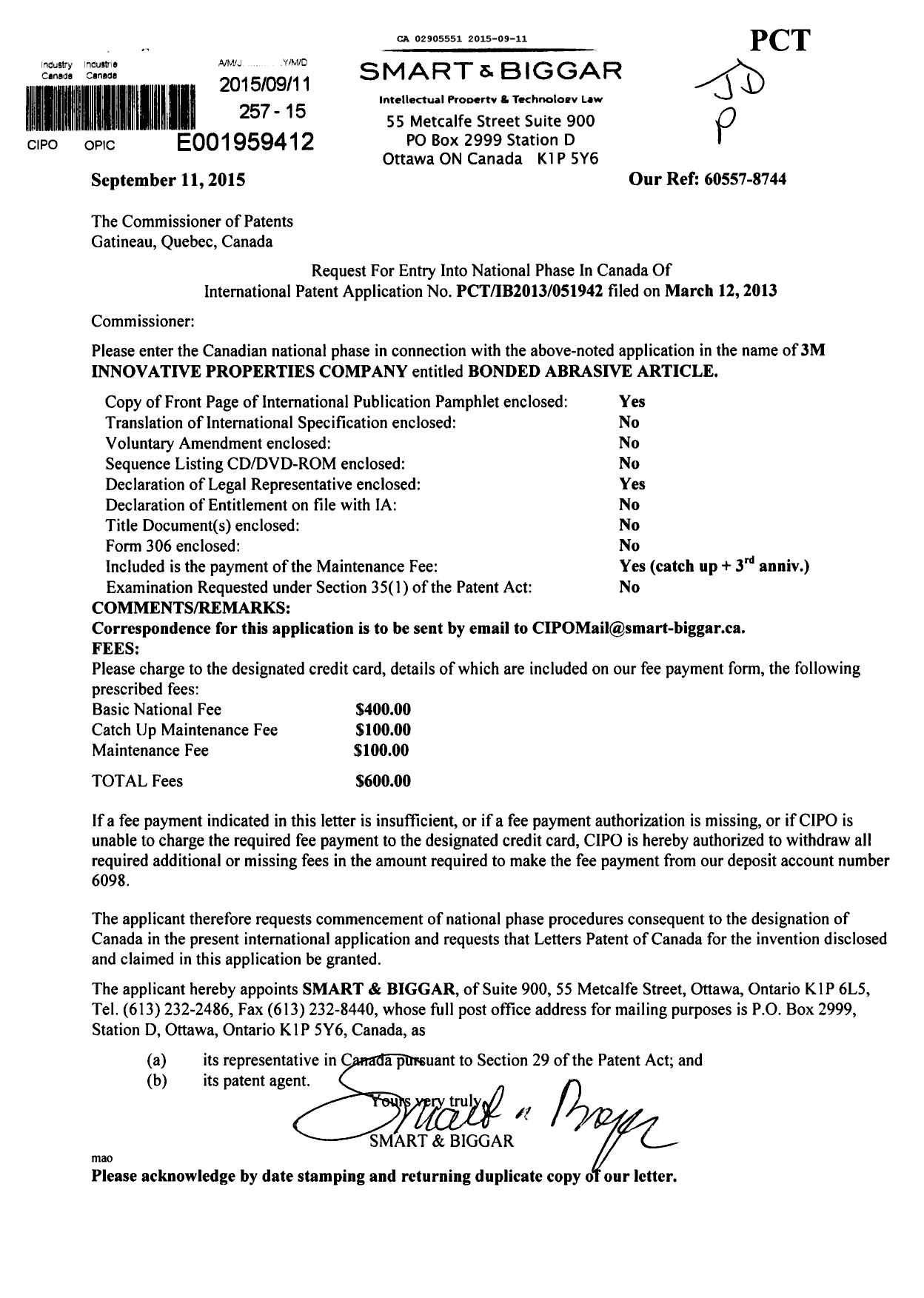 Document de brevet canadien 2905551. Demande d'entrée en phase nationale 20150911. Image 1 de 2