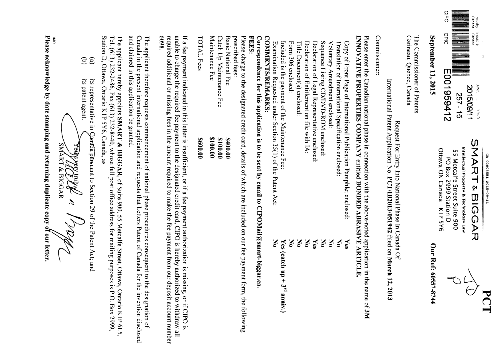 Canadian Patent Document 2905551. National Entry Request 20150911. Image 1 of 2