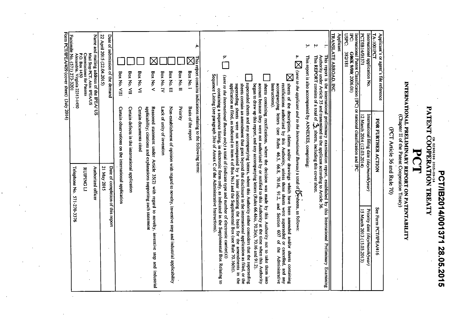 Document de brevet canadien 2906399. Rapport prélim. intl. sur la brevetabilité reçu 20150914. Image 1 de 13