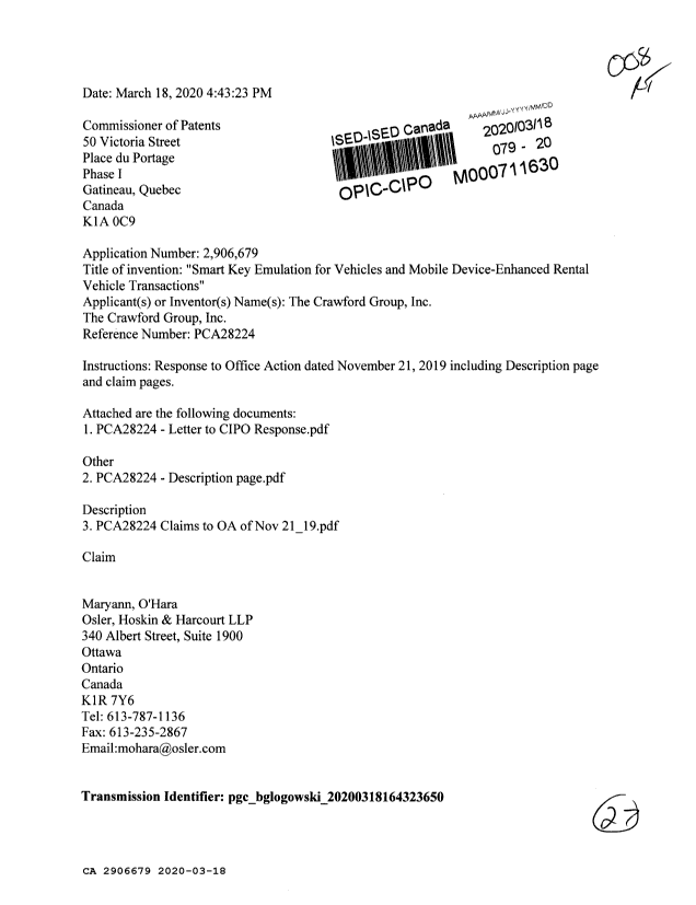 Document de brevet canadien 2906679. Modification 20200318. Image 1 de 27