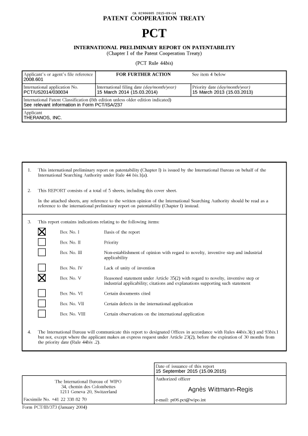 Document de brevet canadien 2906805. Rapport prélim. intl. sur la brevetabilité reçu 20150914. Image 1 de 5