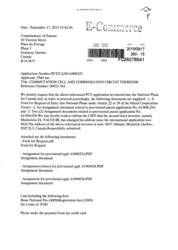 Document de brevet canadien 2907472. Demande d'entrée en phase nationale 20150917. Image 1 de 9