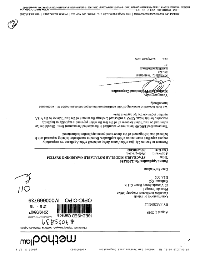 Canadian Patent Document 2908184. Special Order 20190807. Image 1 of 2