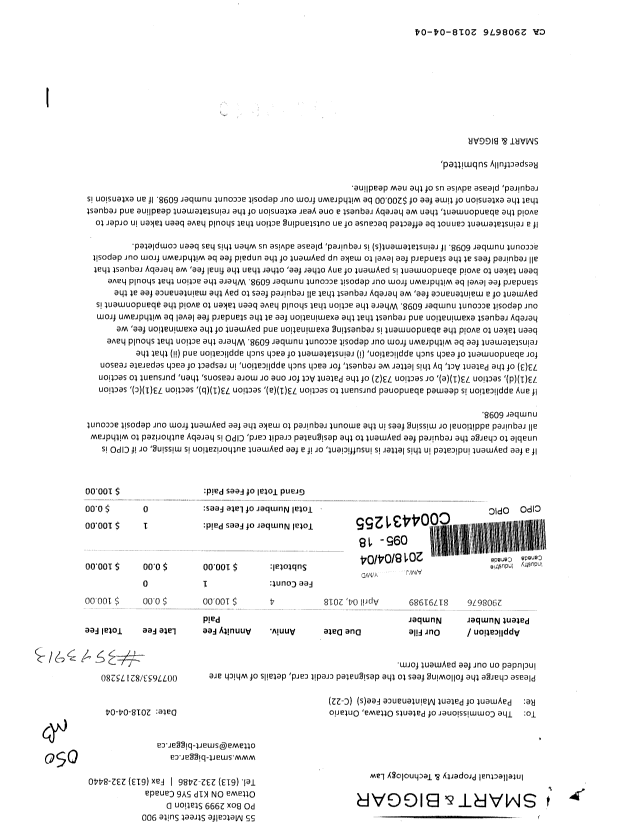 Canadian Patent Document 2908676. Maintenance Fee Payment 20180404. Image 1 of 1