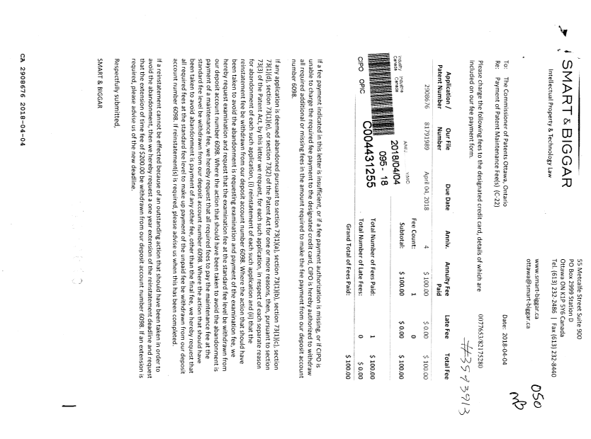 Document de brevet canadien 2908676. Paiement de taxe périodique 20180404. Image 1 de 1