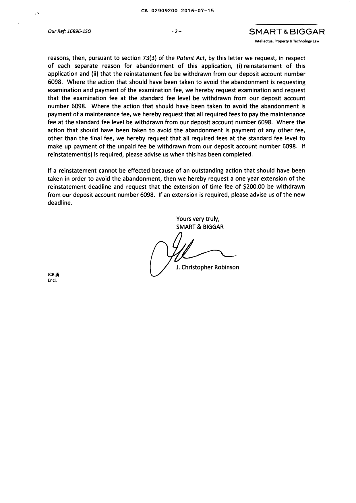 Document de brevet canadien 2909200. Correspondance 20151215. Image 2 de 3