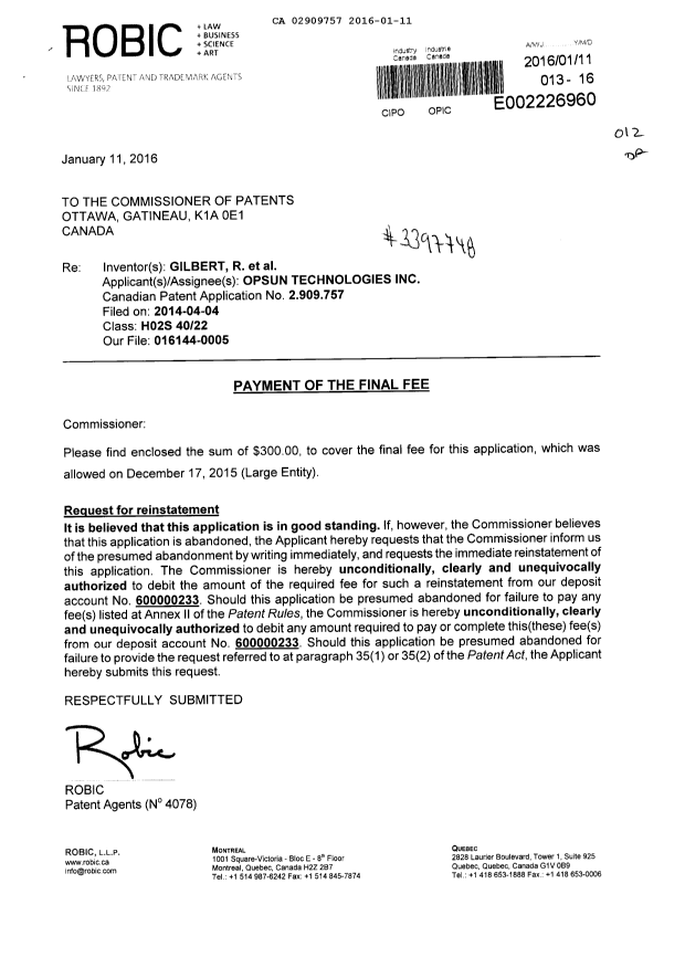 Document de brevet canadien 2909757. Correspondance 20151211. Image 1 de 2