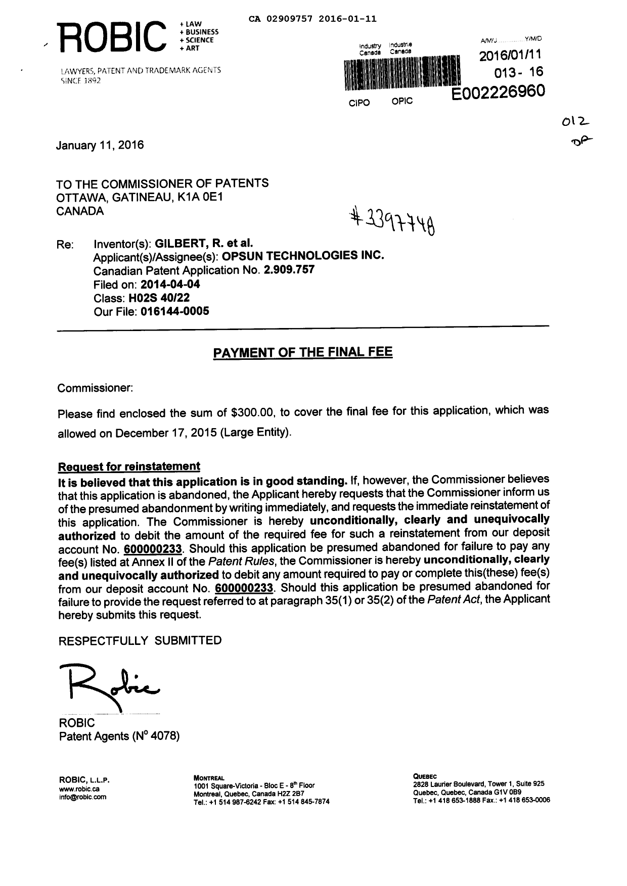 Canadian Patent Document 2909757. Correspondence 20151211. Image 1 of 2