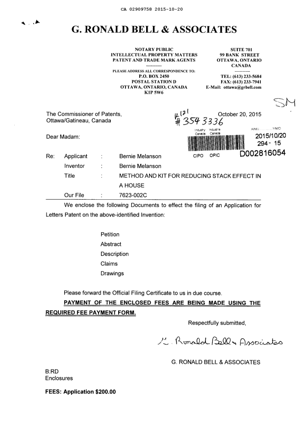 Canadian Patent Document 2909758. New Application 20141220. Image 1 of 2