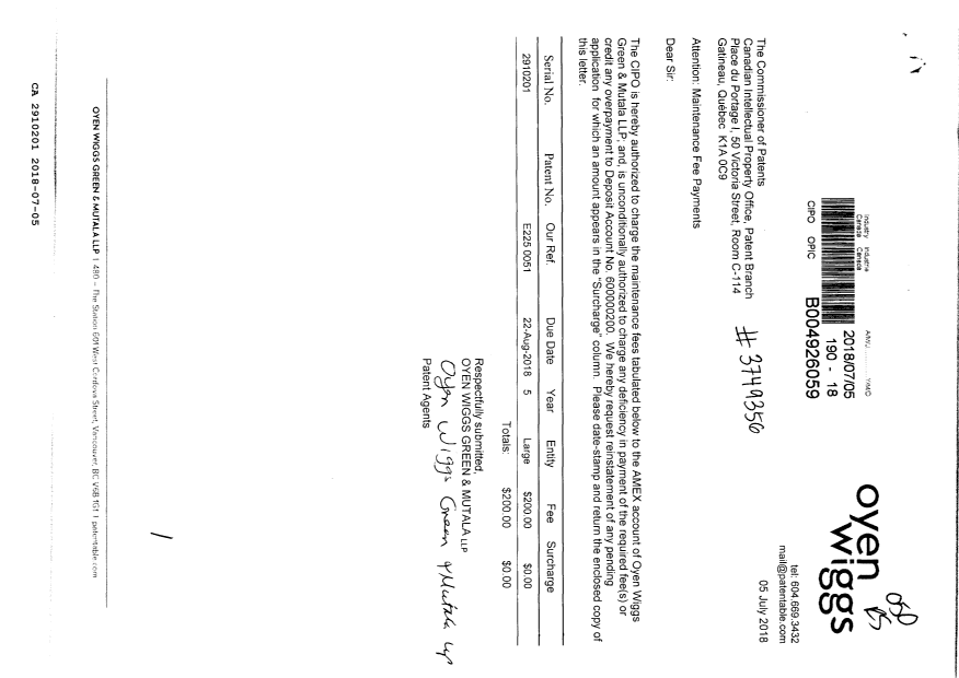 Document de brevet canadien 2910201. Paiement de taxe périodique 20180705. Image 1 de 1