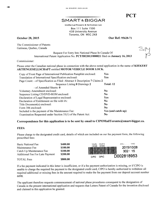 Document de brevet canadien 2910535. Demande d'entrée en phase nationale 20151028. Image 1 de 3