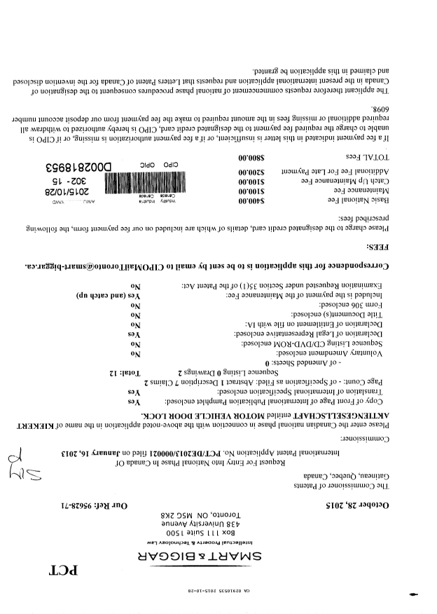 Canadian Patent Document 2910535. National Entry Request 20151028. Image 1 of 3