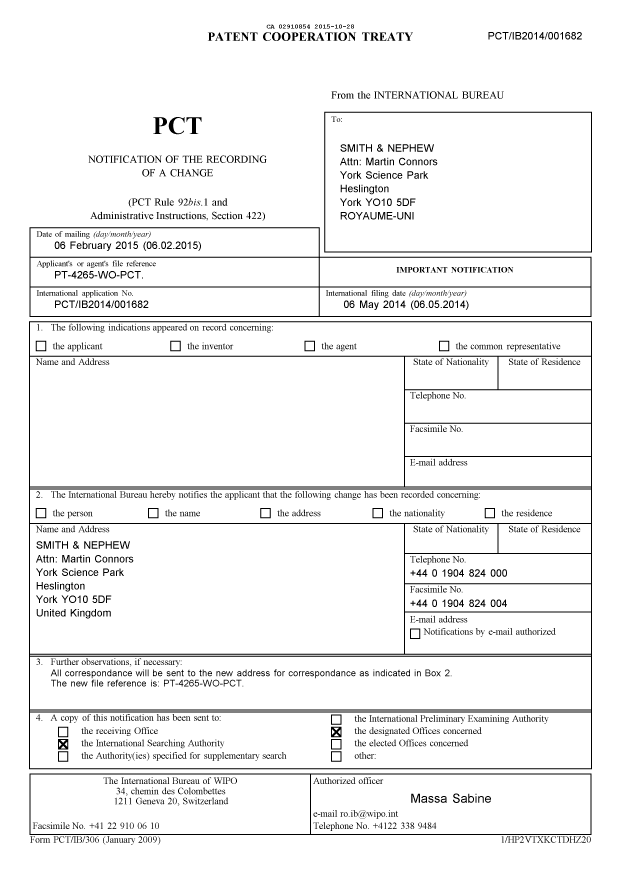 Document de brevet canadien 2910854. Traité de coopération en matière de brevets (PCT) 20151028. Image 1 de 1
