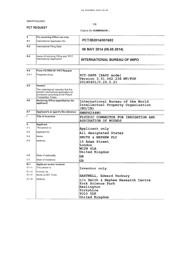 Document de brevet canadien 2910854. Traité de coopération en matière de brevets (PCT) 20151028. Image 1 de 4