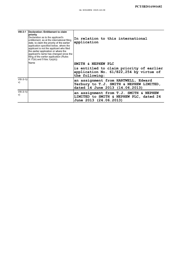 Document de brevet canadien 2910854. Déclaration 20151028. Image 1 de 2