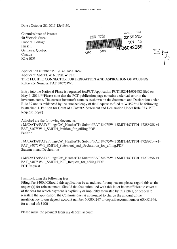 Canadian Patent Document 2910854. National Entry Request 20151028. Image 1 of 5