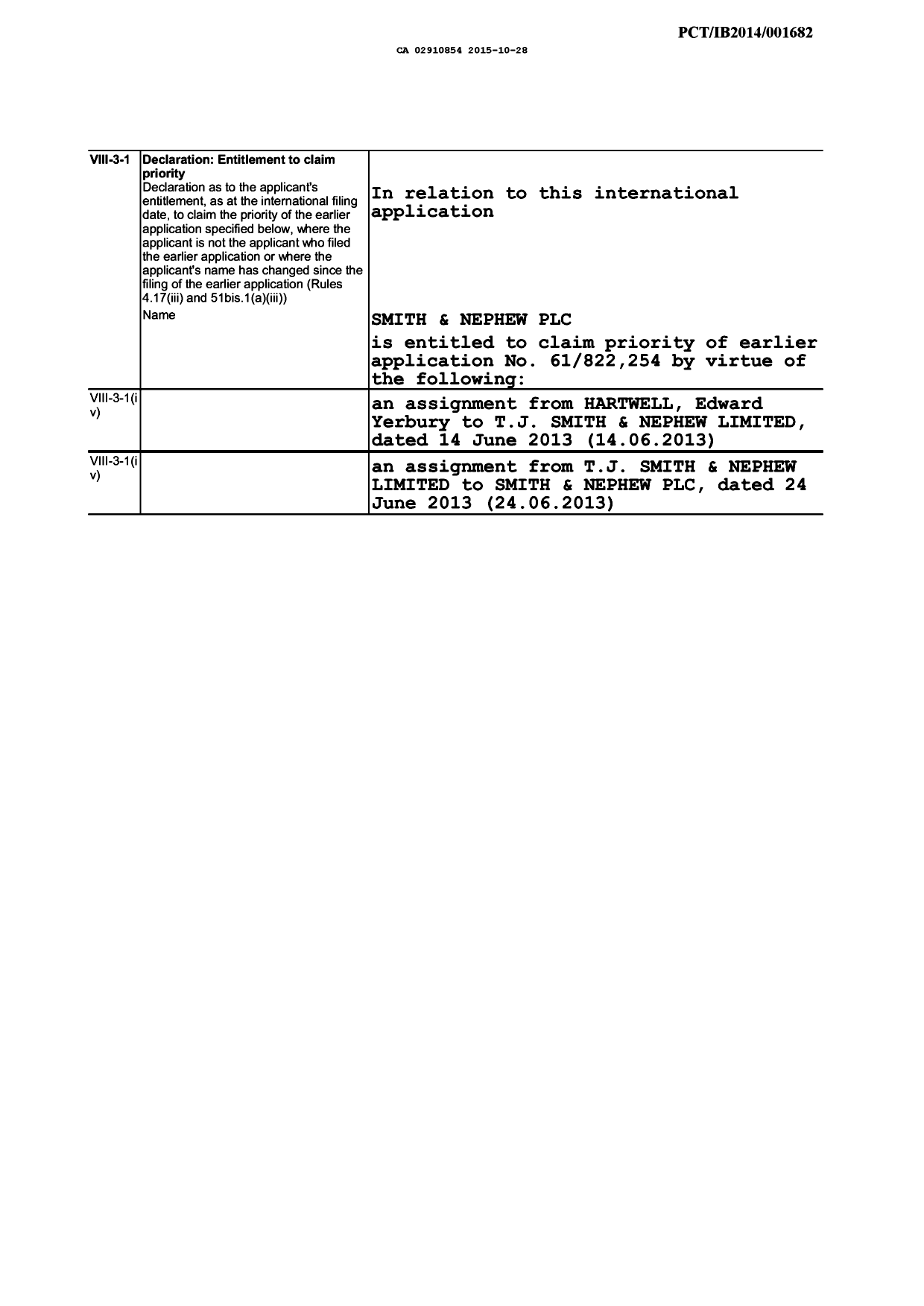 Canadian Patent Document 2910854. Declaration 20151028. Image 1 of 2