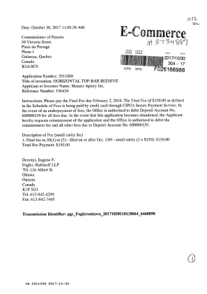 Document de brevet canadien 2911008. Correspondance 20161230. Image 1 de 1