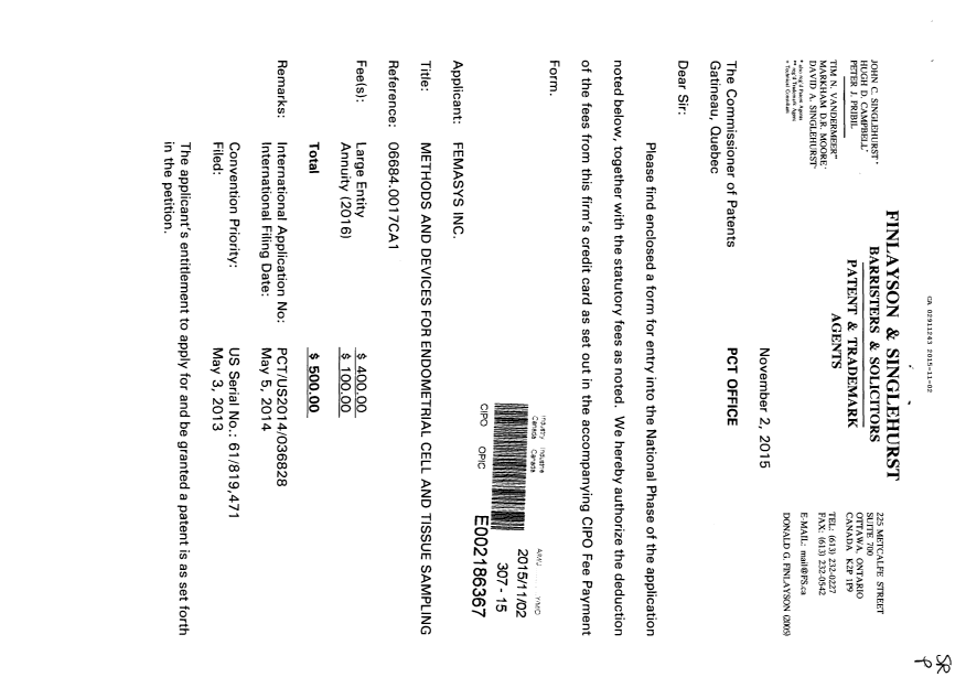 Canadian Patent Document 2911243. National Entry Request 20151102. Image 1 of 5