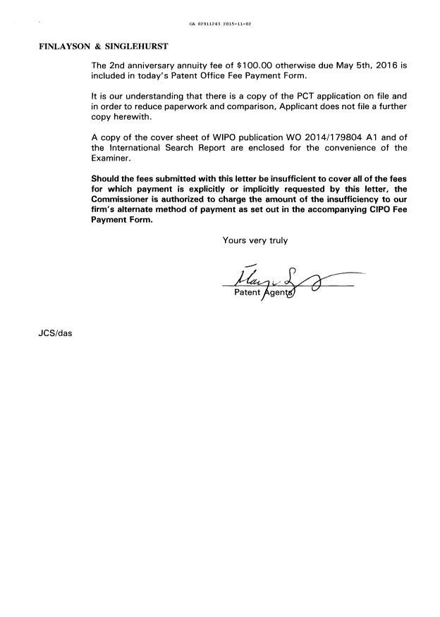 Document de brevet canadien 2911243. Demande d'entrée en phase nationale 20151102. Image 2 de 5