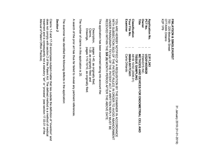 Document de brevet canadien 2911243. Demande d'examen 20190131. Image 1 de 3