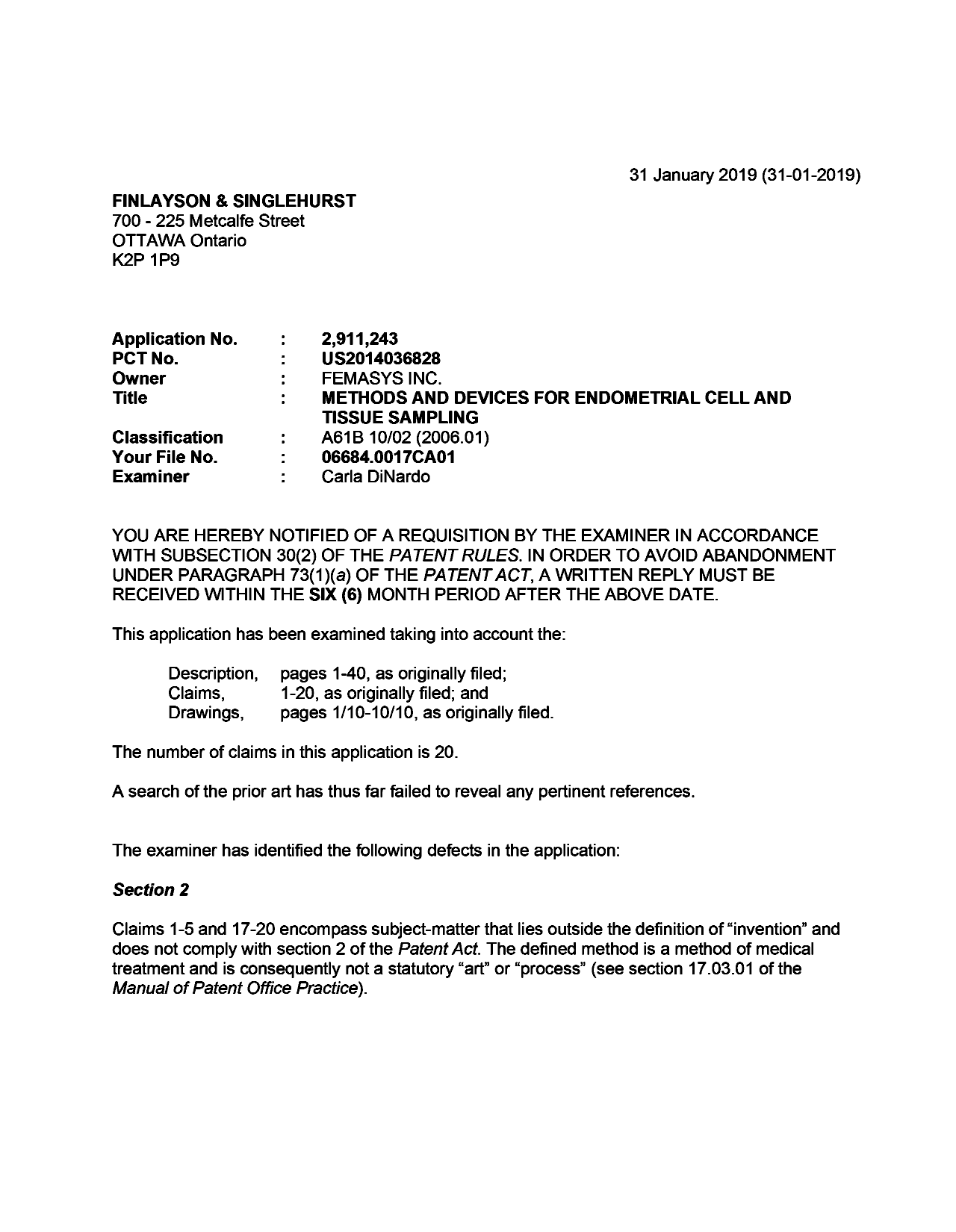 Document de brevet canadien 2911243. Demande d'examen 20190131. Image 1 de 3