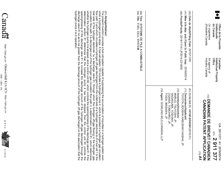 Document de brevet canadien 2911377. Page couverture 20160419. Image 1 de 1