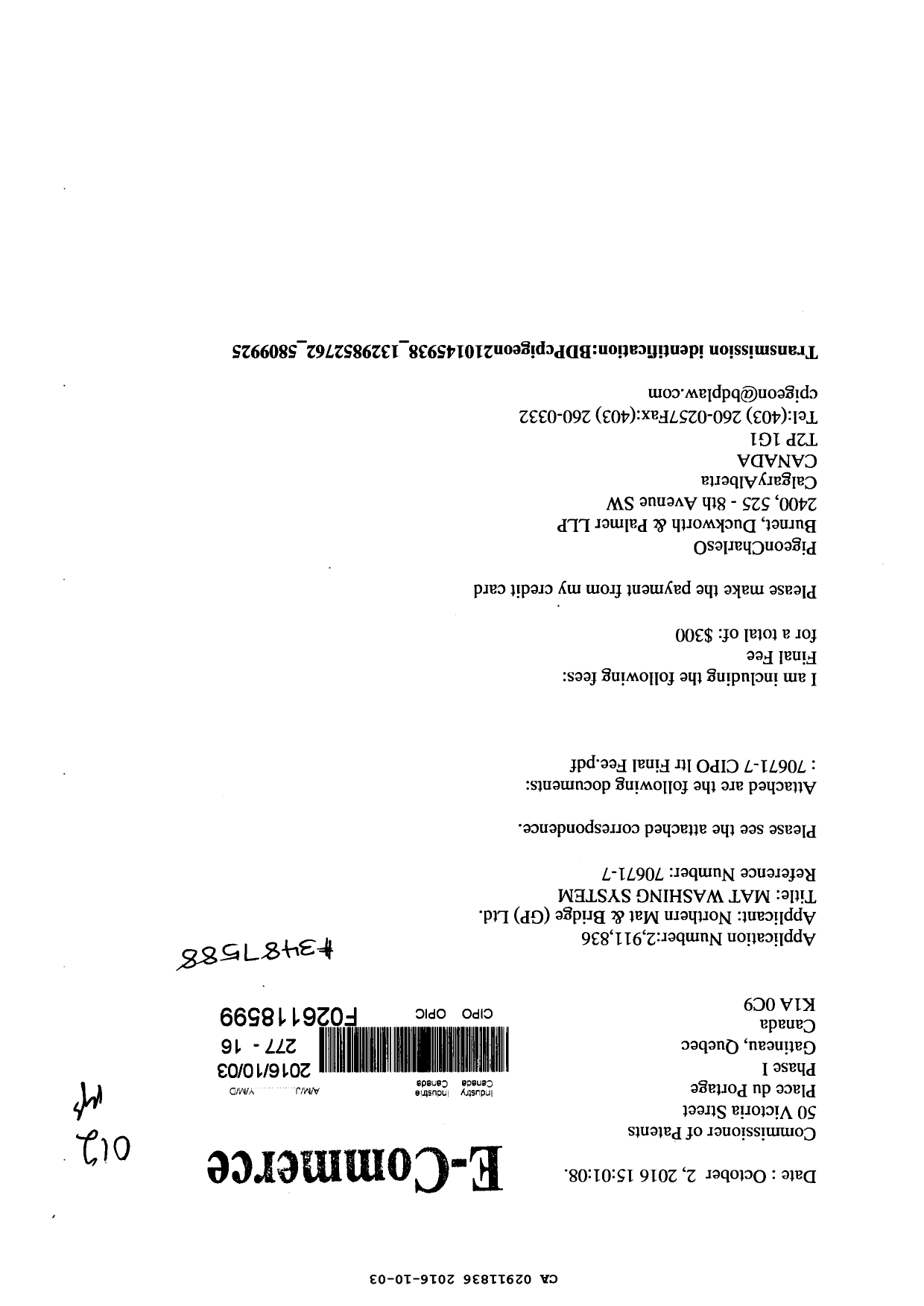 Document de brevet canadien 2911836. Correspondance 20151203. Image 1 de 2
