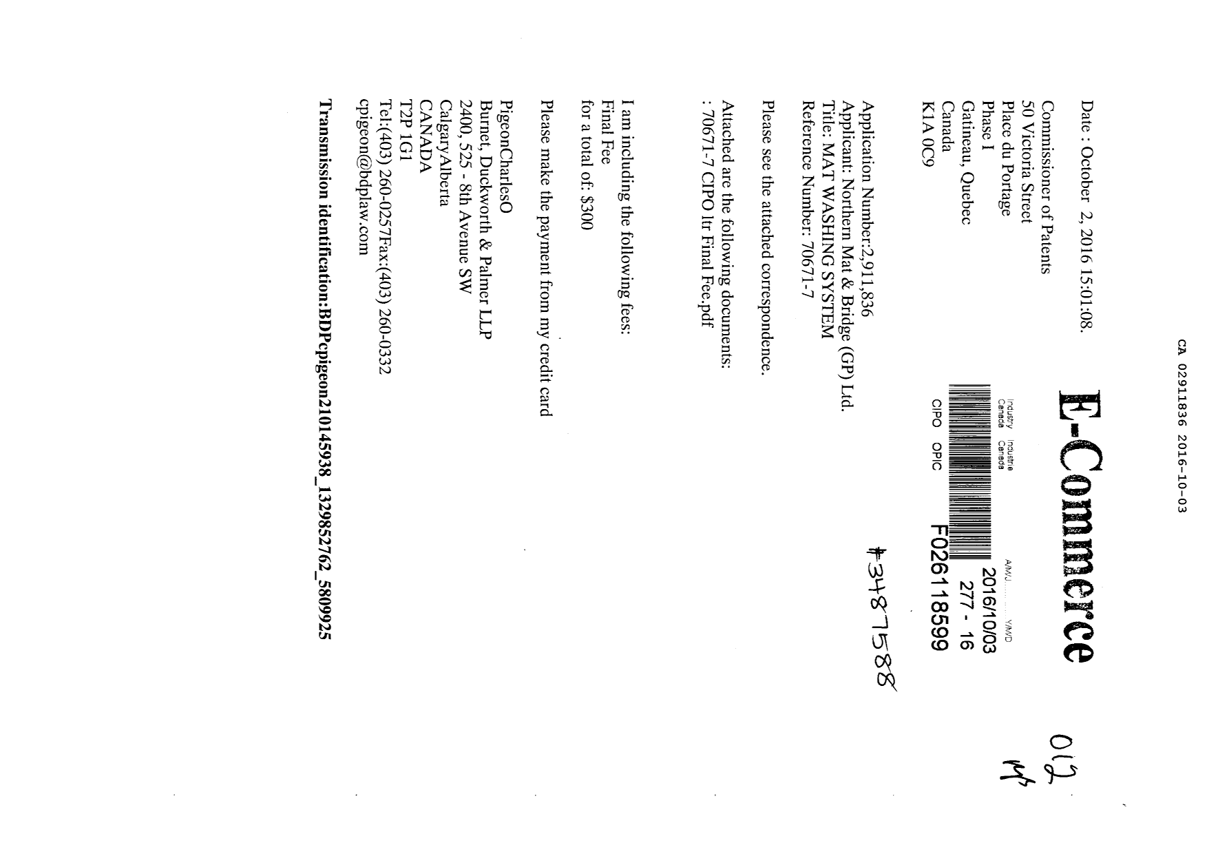 Canadian Patent Document 2911836. Correspondence 20151203. Image 1 of 2